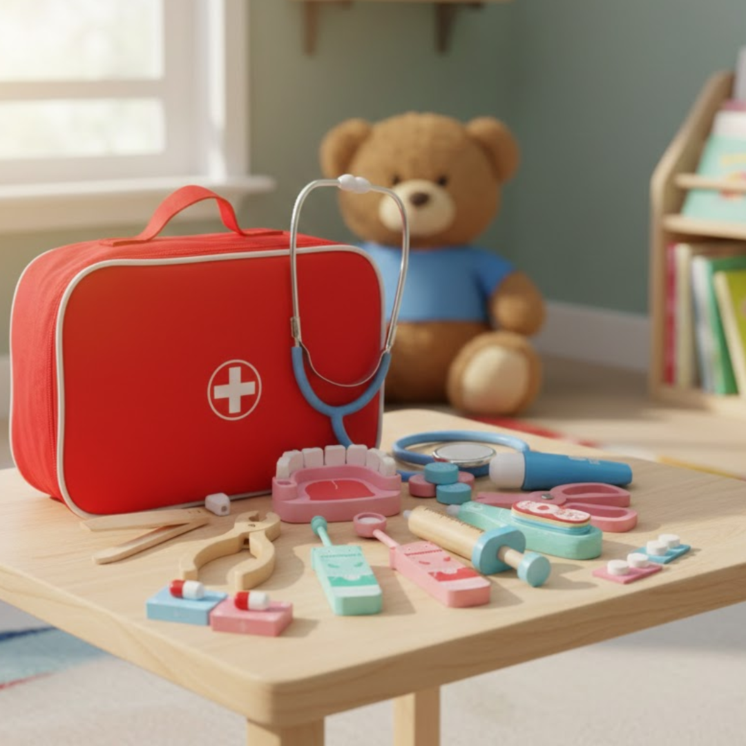 Kids Wooden Dentist Set with Working Stethoscope Doctor Playset Pretend Play Doctors Set for Children