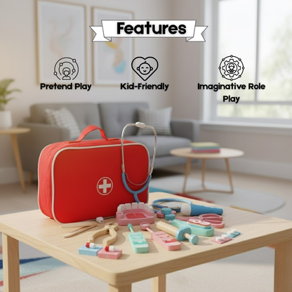 Kids Wooden Dentist Set with Working Stethoscope Doctor Playset Pretend Play Doctors Set for Children