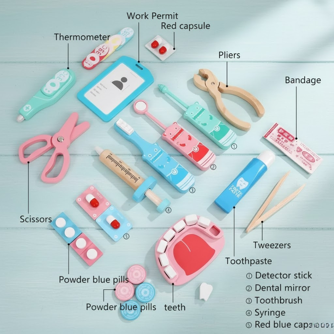 Kids Wooden Dentist Set with Working Stethoscope Doctor Playset Pretend Play Doctors Set for Children