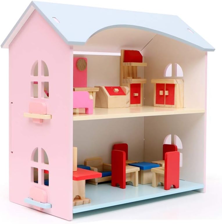 Wooden Doll House with Furniture and Accessories Mamakarttoys