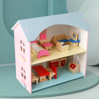 Wooden Doll House with Furniture and Accessories Mamakarttoys