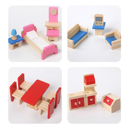 Wooden Doll House with Furniture and Accessories Mamakarttoys