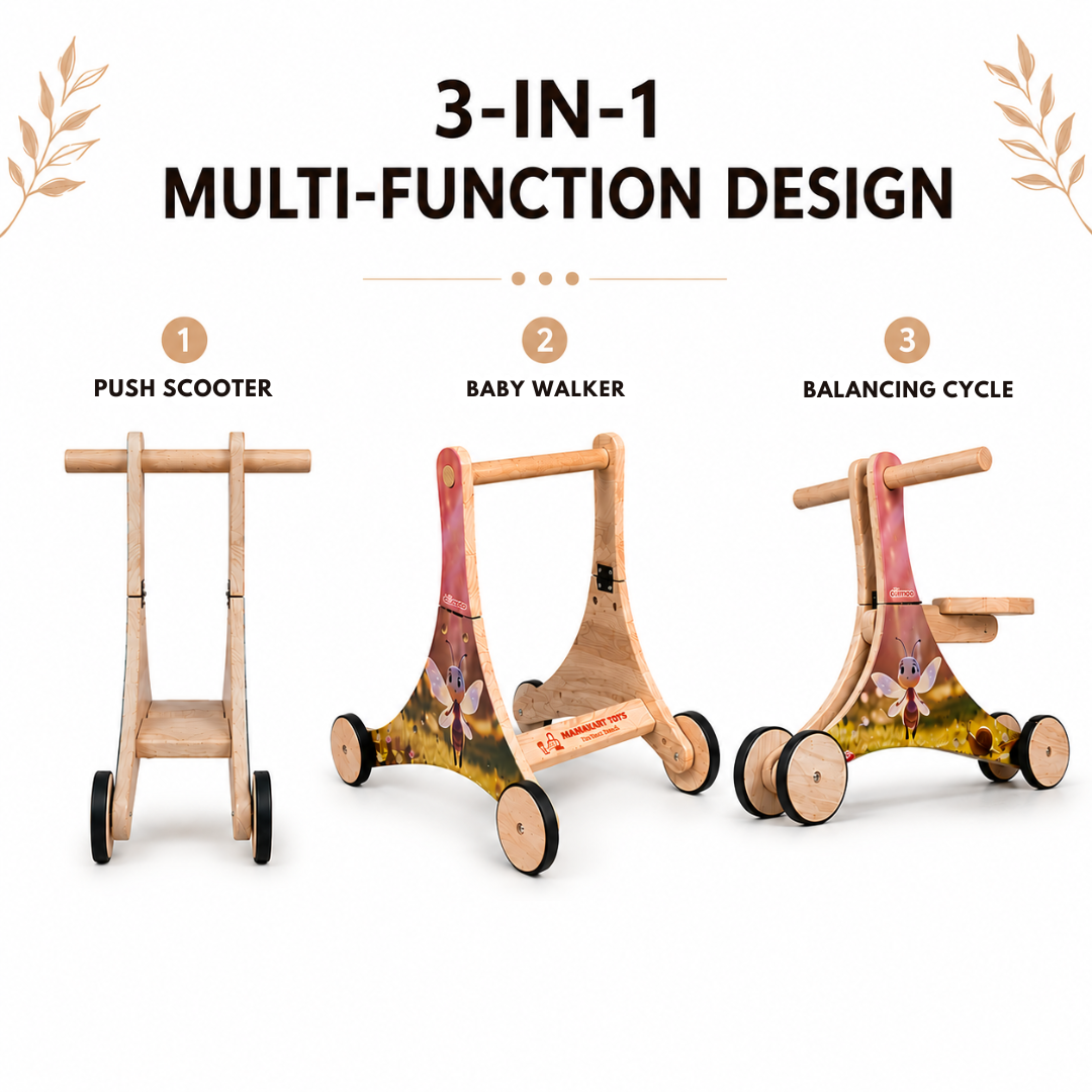 Olima 3-in-1 Wooden Baby Walker & Ride-On | Educational Toddler Toy