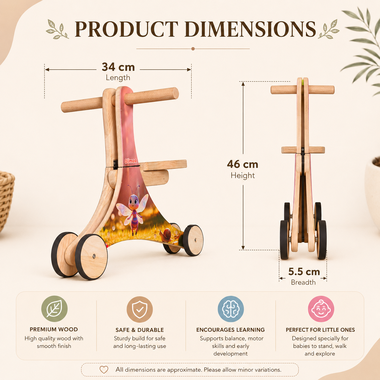 Olima 3-in-1 Wooden Baby Walker & Ride-On | Educational Toddler Toy